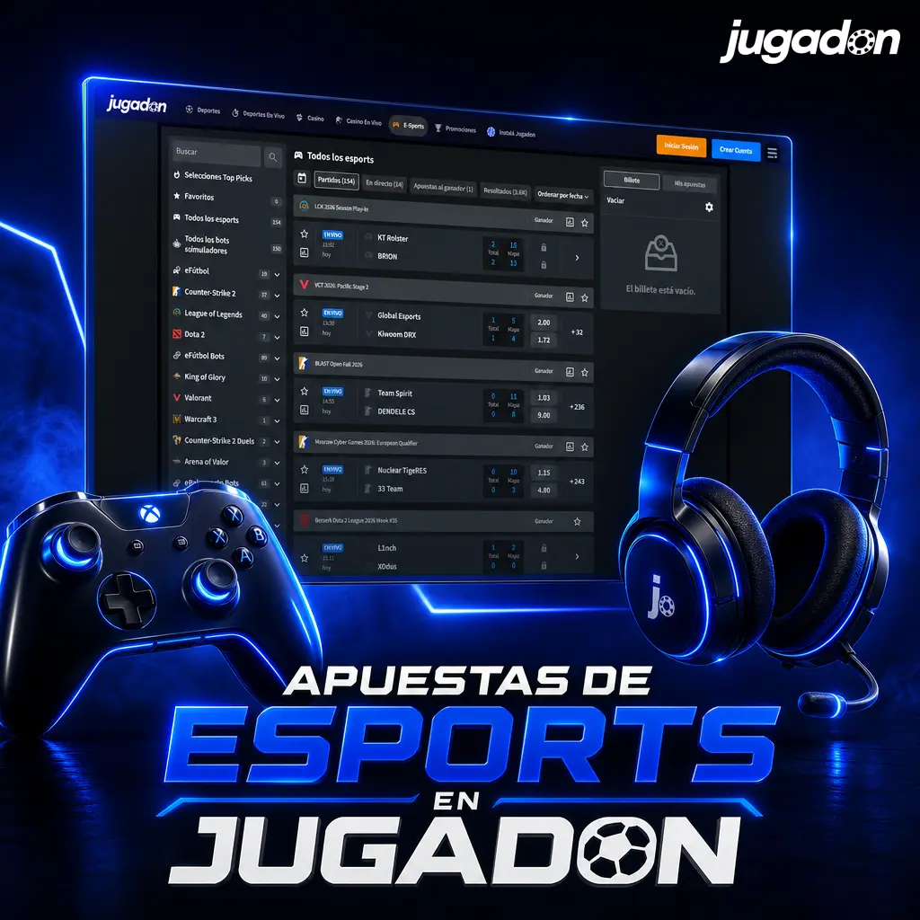 Apuestas de eSports en Jugadon con mercados de League of Legends, CS2, Dota 2, Valorant y FIFA en torneos globales