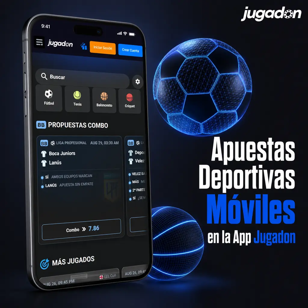 Pantalla de la app Jugadon con apuestas deportivas en vivo y anticipadas en fútbol, básquet, tenis y más disciplinas.