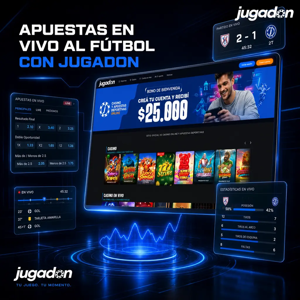 Interfaz de apuestas en vivo de fútbol en Jugadon con cuotas en tiempo real y estadísticas del partido