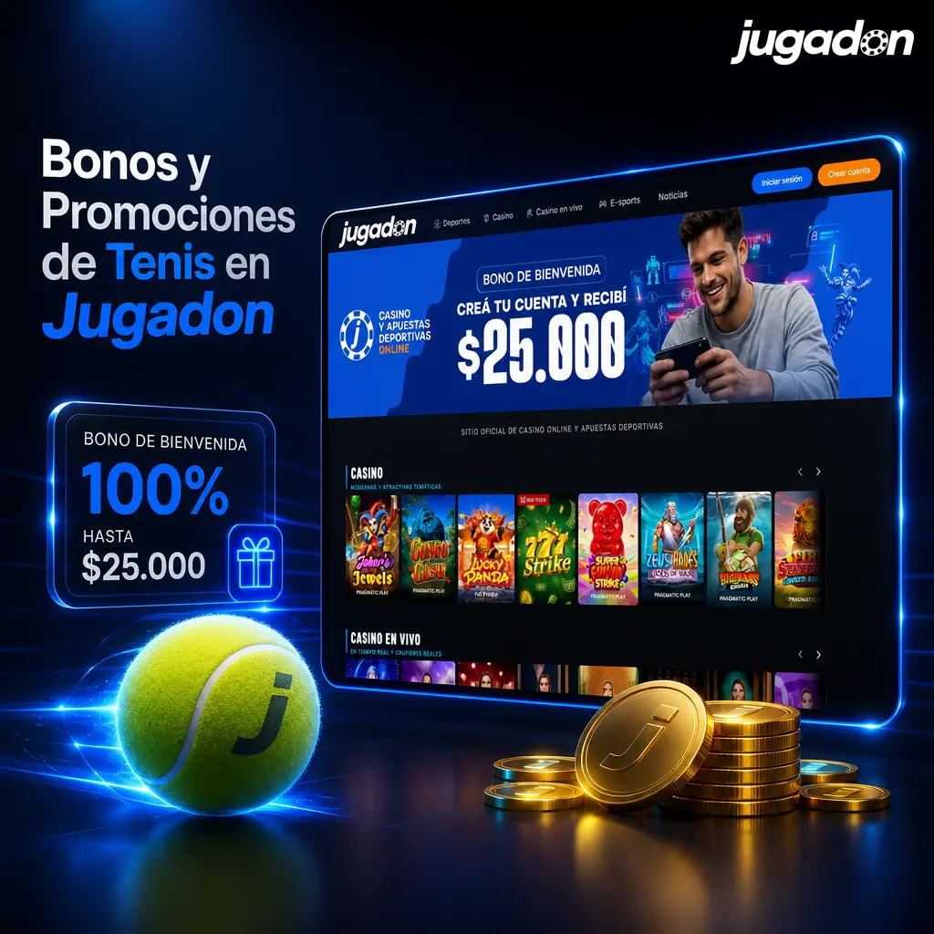 Bonos y promociones de tenis en Jugadon: bono de bienvenida del 100% hasta AR$ 500.000 en apuestas deportivas