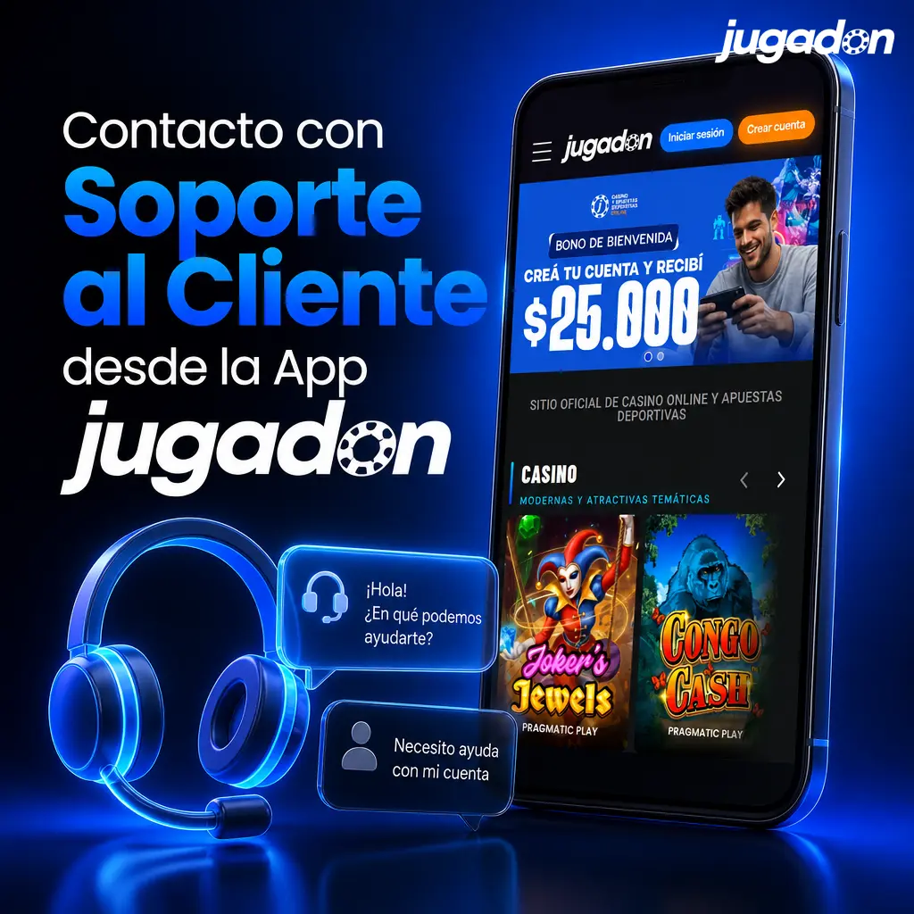 Pantalla de la app Jugadon mostrando opciones de contacto con soporte al cliente disponible 24/7