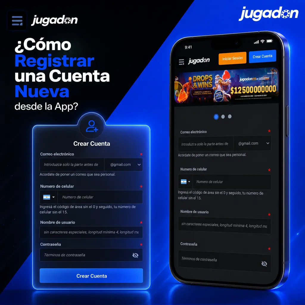 Persona registrando cuenta nueva en app Jugadon con formulario en pantalla de smartphone en menos de 3 minutos