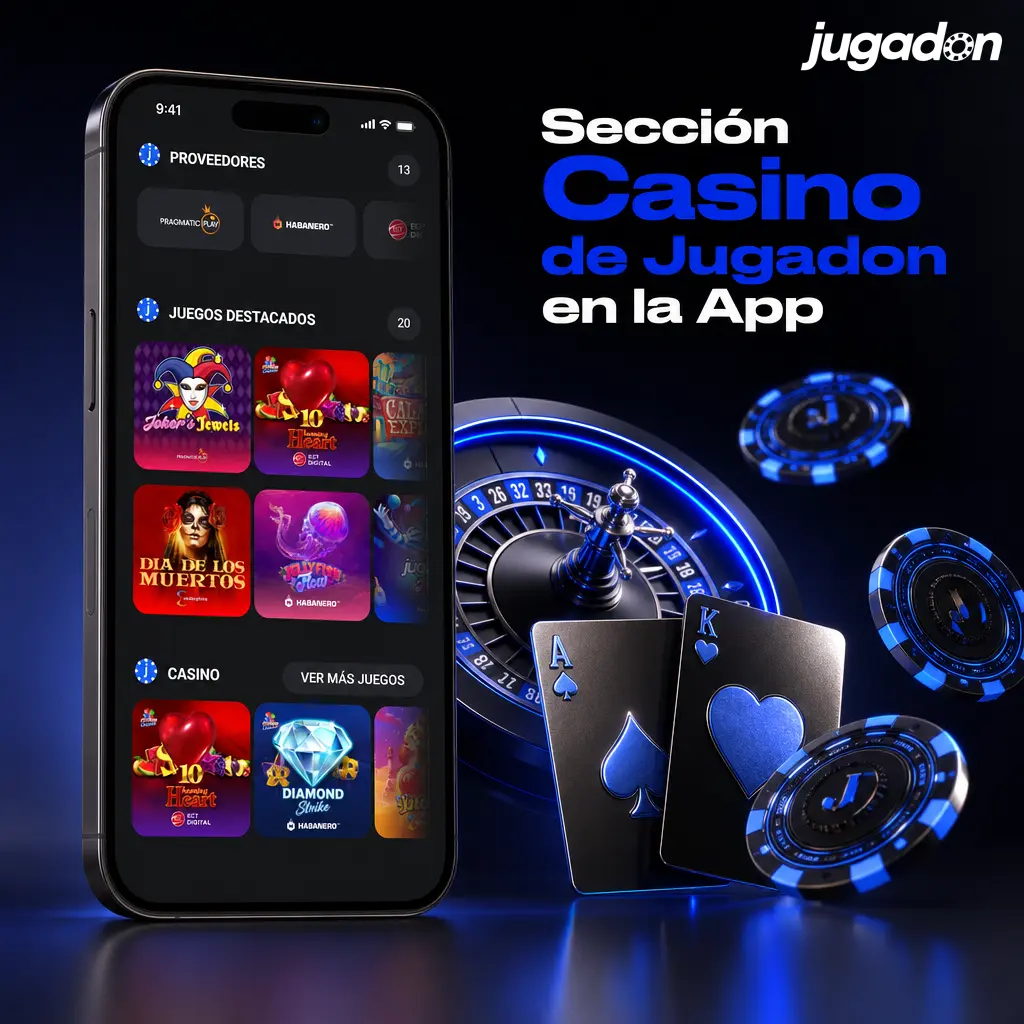 Sección casino de la app Jugadon con tragamonedas, ruleta en vivo, blackjack y juegos de crash disponibles en Argentina