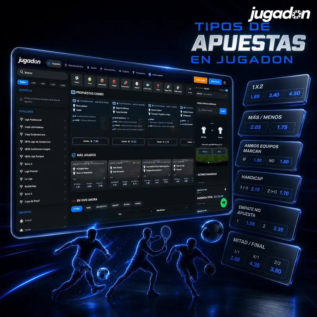 Tipos de apuestas en Jugadon: simple, combinada, sistema, hándicap, en vivo y over/under para eventos deportivos